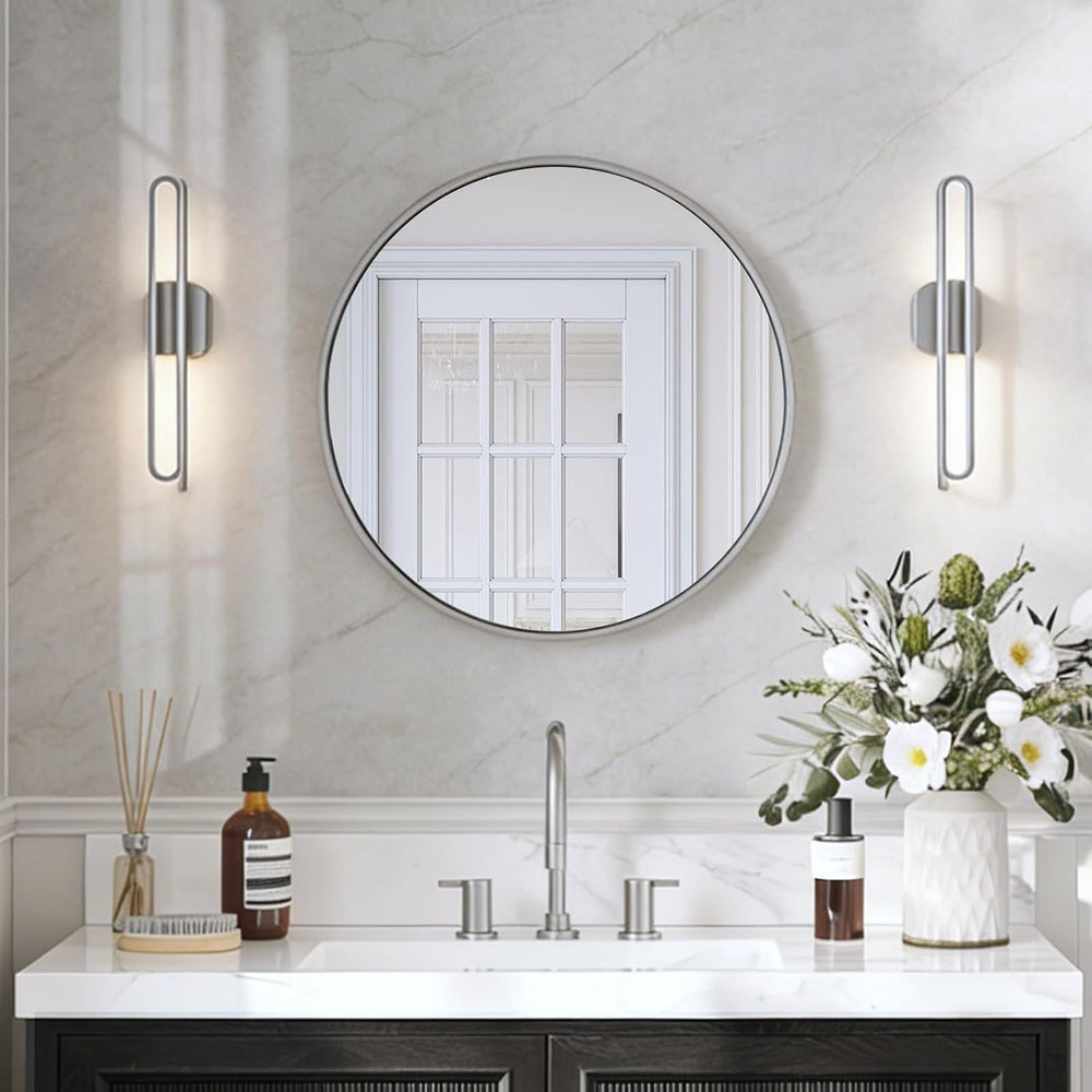 USHOWER 24 Inch Brushed Nickel Round Bathroom Mirror for Over Sink