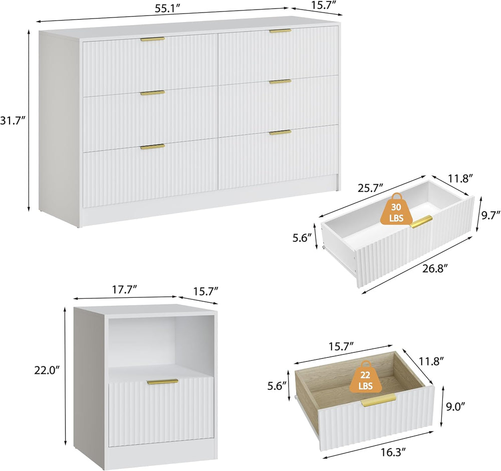 3-Piece Modern Bedroom Furniture Set, White丨6-Drawer Dresser & 1-Drawer N...