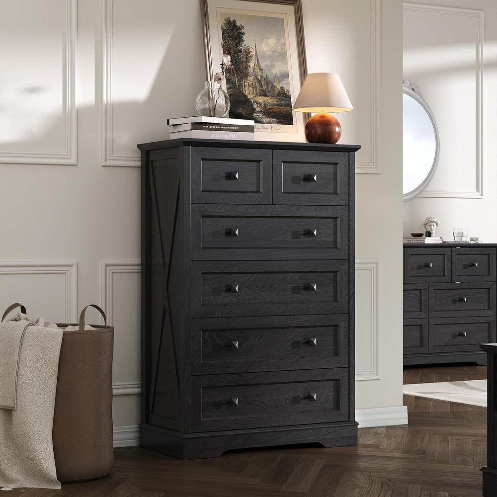 Farmhouse 6 Drawers Dresser Chests for Bedroom, Black 6 Chest of Drawers
