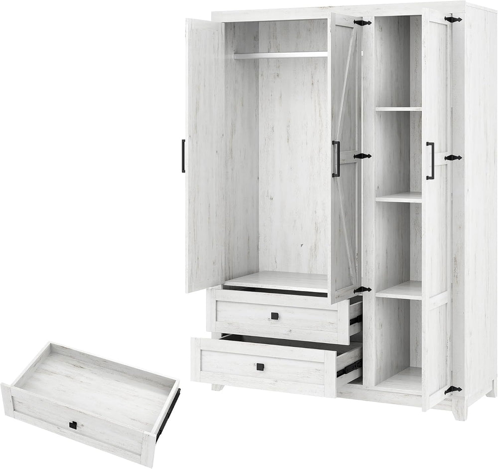 AMERLIFE Farmhouse 3 Door Wardrobe Closet with 2 Drawers & Hanging Rod
