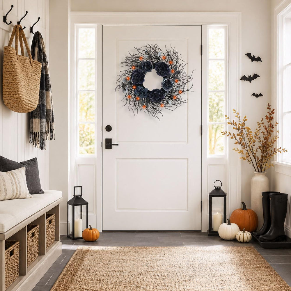 22 Inch Pre-Lit Black Twig Halloween Wreath for Front Door