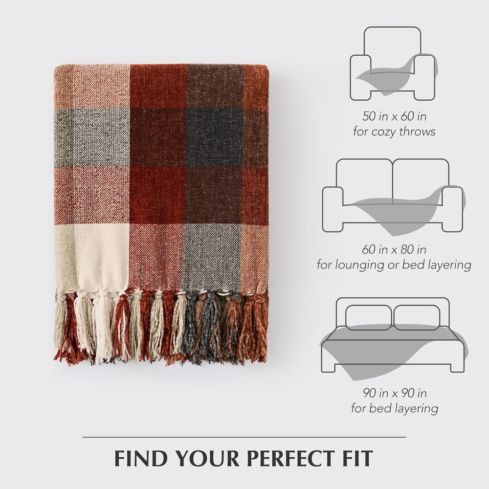 Plaid Chenille Fall Throw Blanket, 50"x60", Harvest Orange Plaid