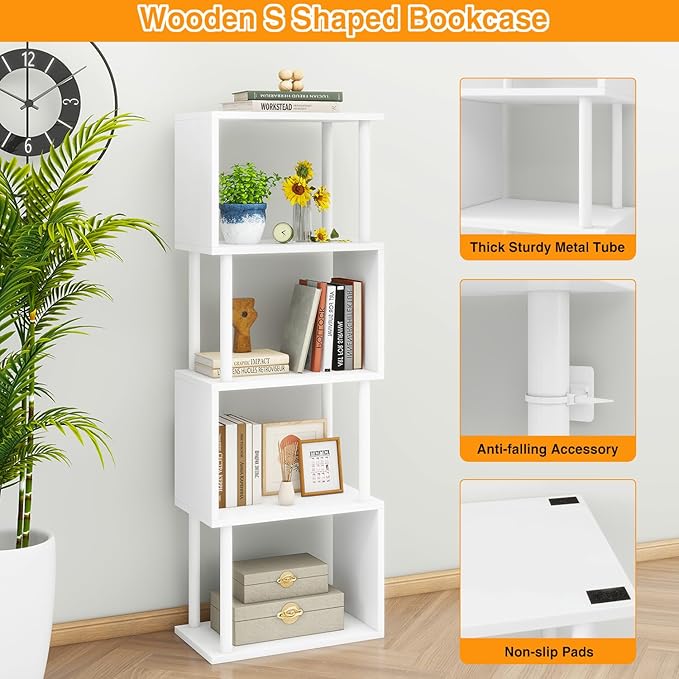 IBUYKE 5-Tier Tall Bookshelf,S-Shaped Geometric Bookcase, Wood Display Shelve...