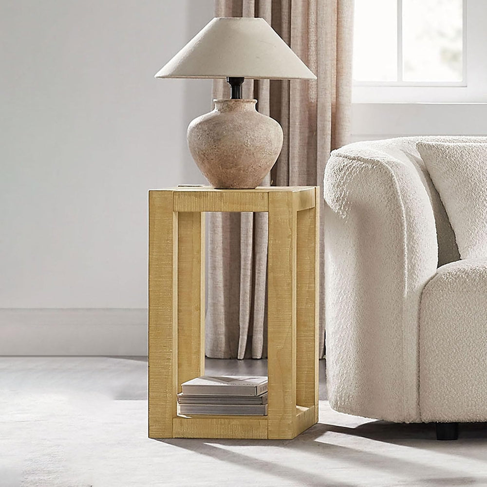 Rectangular Side Table with Shelf, Natural Wood End Table for Living Room wit...