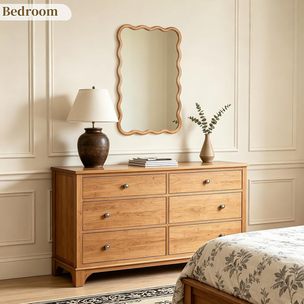 HOMECOOKIN 24"x36" Wavy Wood Mirror, Rectangular Wall Mirror with N...
