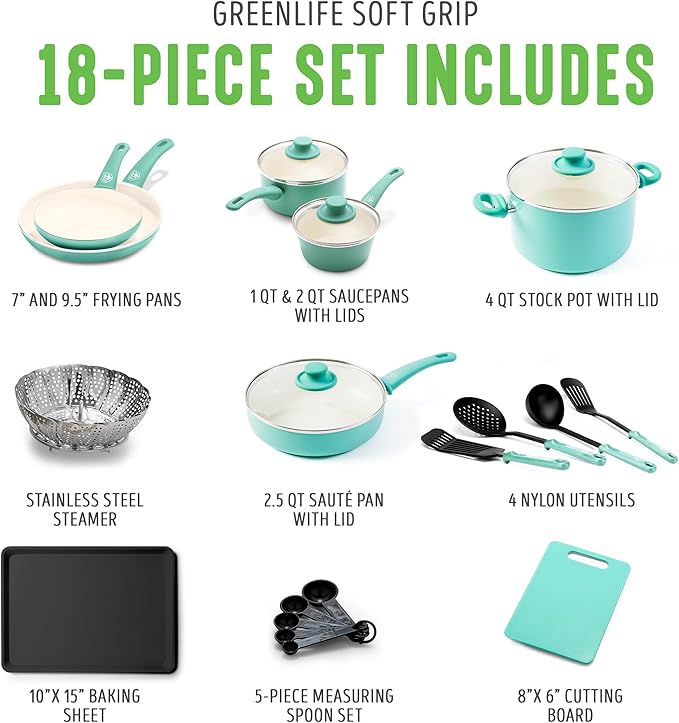 GreenLife Soft Grip Healthy Ceramic Nonstick 18 Piece Kitchen Cookware Pots and
