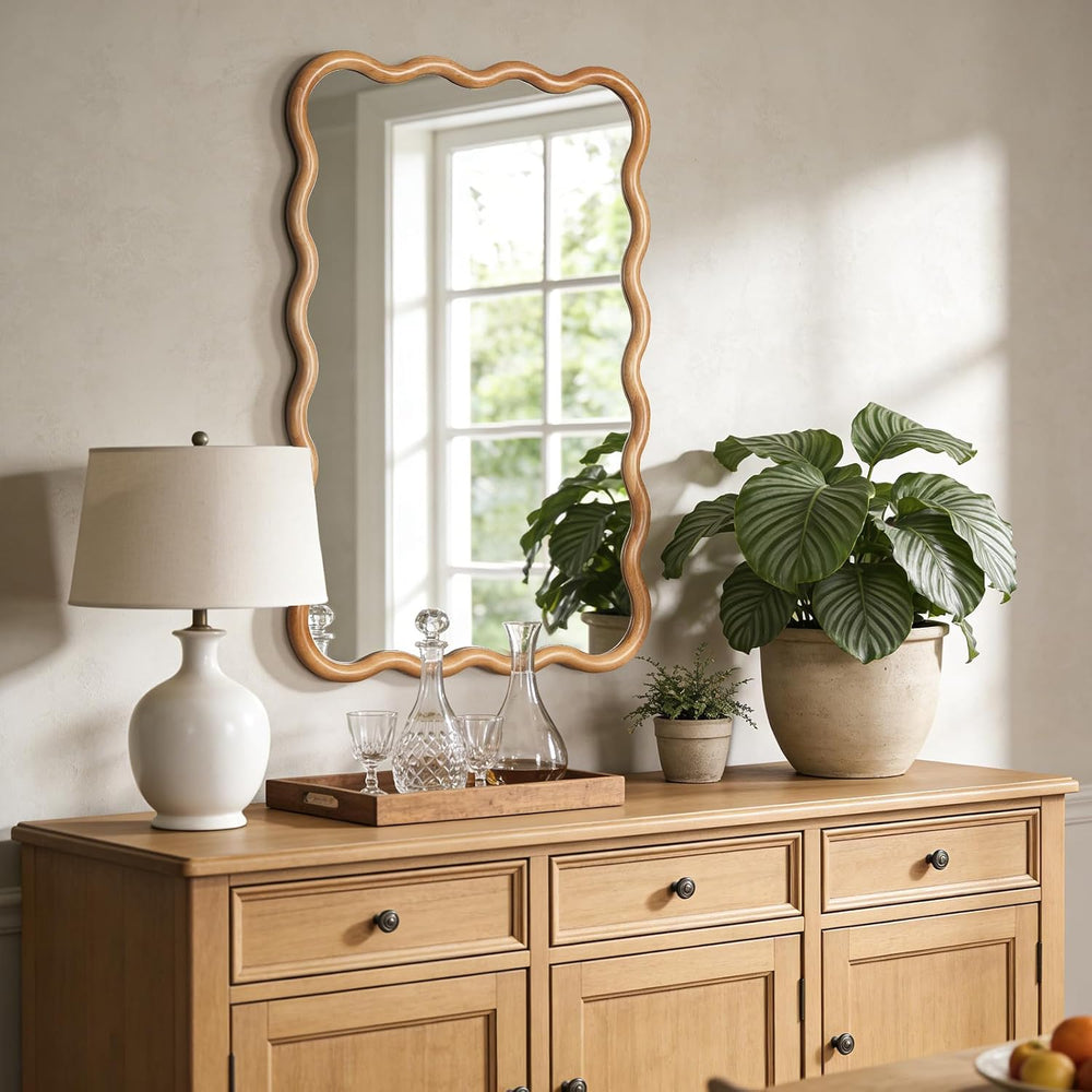 WallBeyond 24"x36" Wavy Wood Mirror, Natural Wood Boho Accent Wall ...