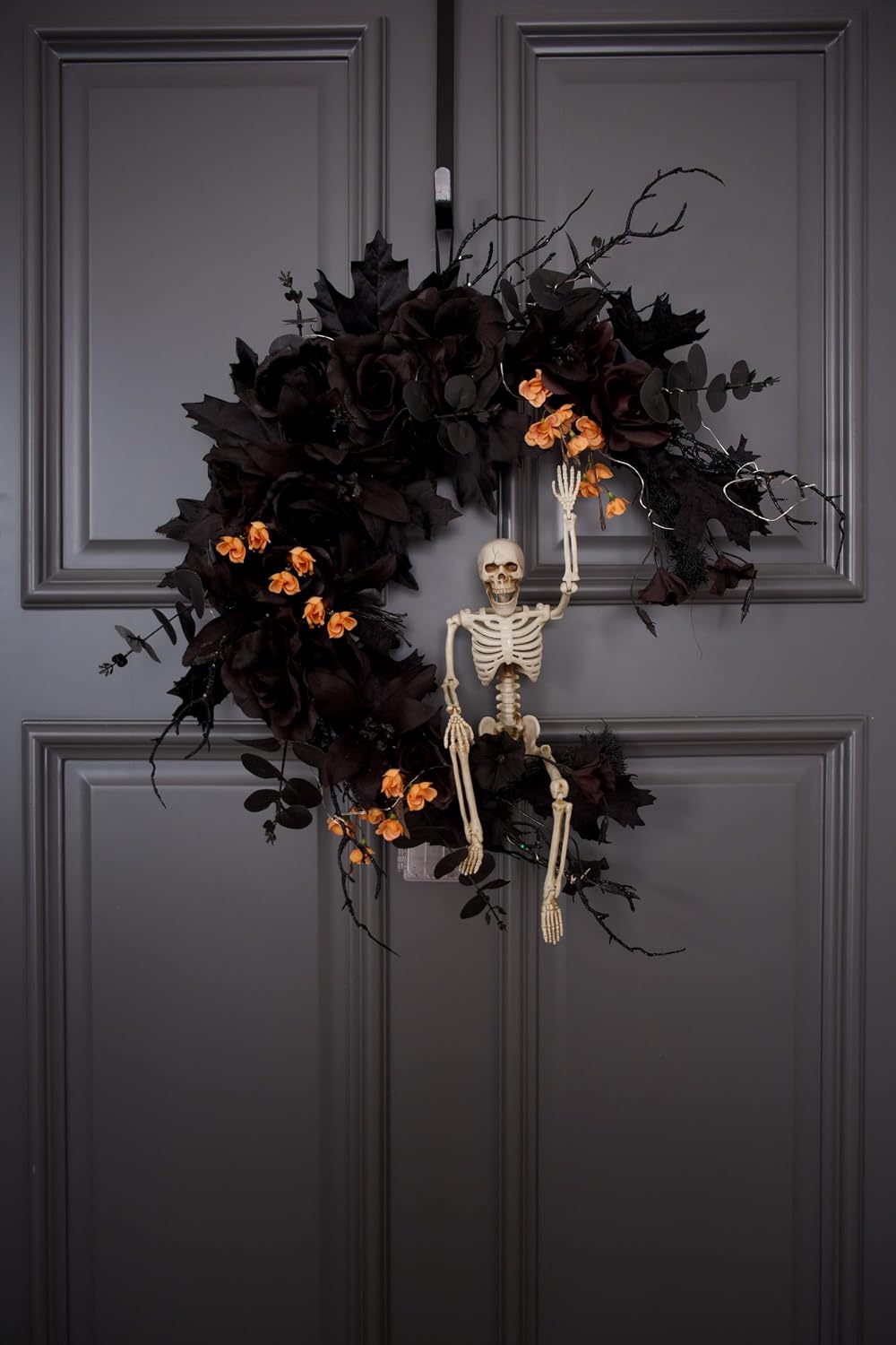 20" Pre-lit Halloween Black Moon Wreath with Poseable Skeleton, Handmade...