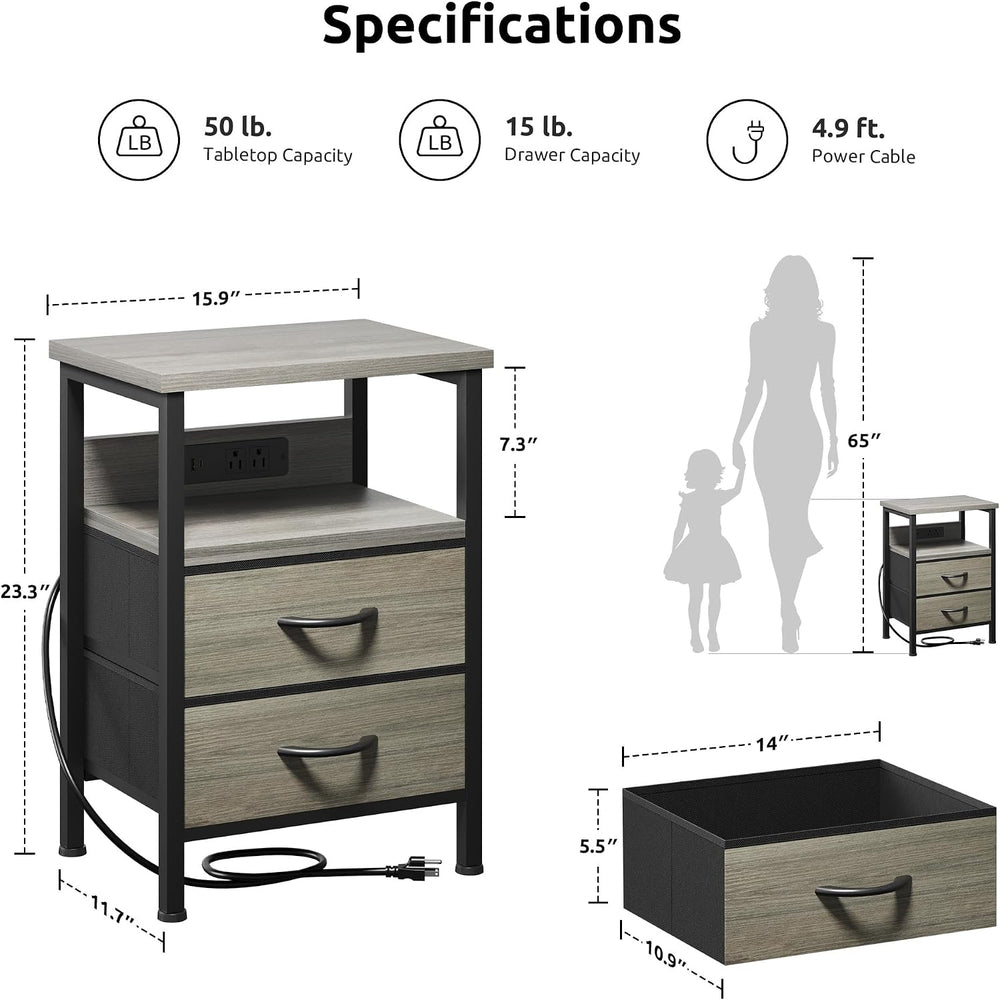 Lazzanto Night Stand with Charger Station, 2 Fabric Drawers, Grey | Nightstan...