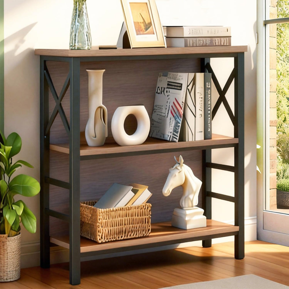 MNEETRUNG Book Shelf, Small 3-Tier Industrial Bookshelf with Strong Metal Fra...