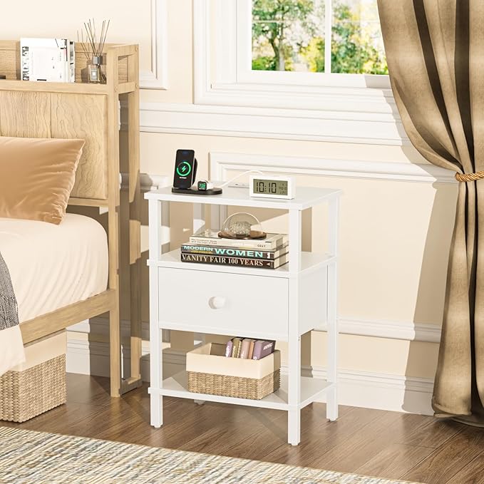 Lerliuo Nightstand with Charging Station and USB Ports, 3-Tier Storage End Ta...