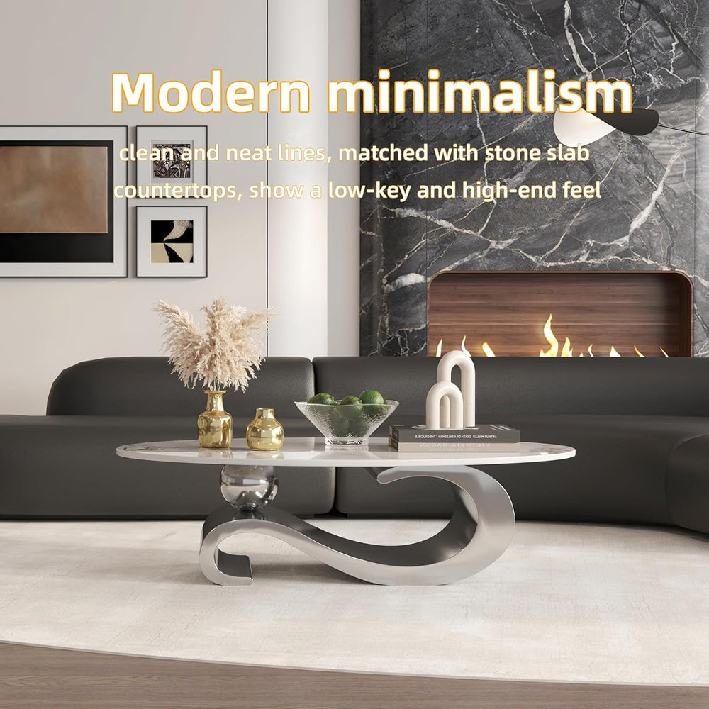 52" Oval Marble Coffee Table for Living Room, Modern Stainless Steel Sil...