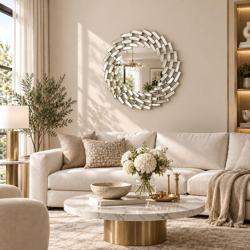 SHYFOY 32" Round Wall Mirror, Beveled Spiral Decorative Mirror