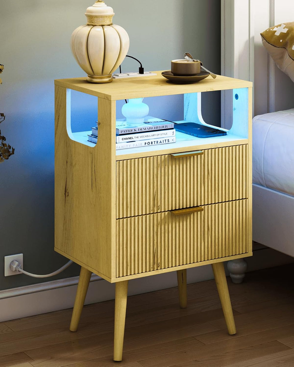 Nightstand with Charging Station and LED Lights,Modern Bedside Table with 2 S...