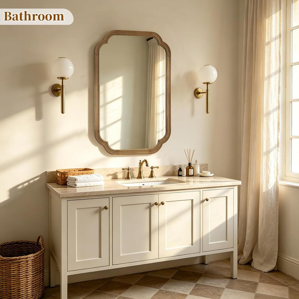 Wood Bathroom Mirror for Wall Decor Arched Rounded Corner Rustic Wood Frame W...
