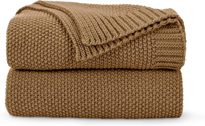 Caramel Brown Seed Stitch Throw Blanket 60"x80", Farmhouse Decor