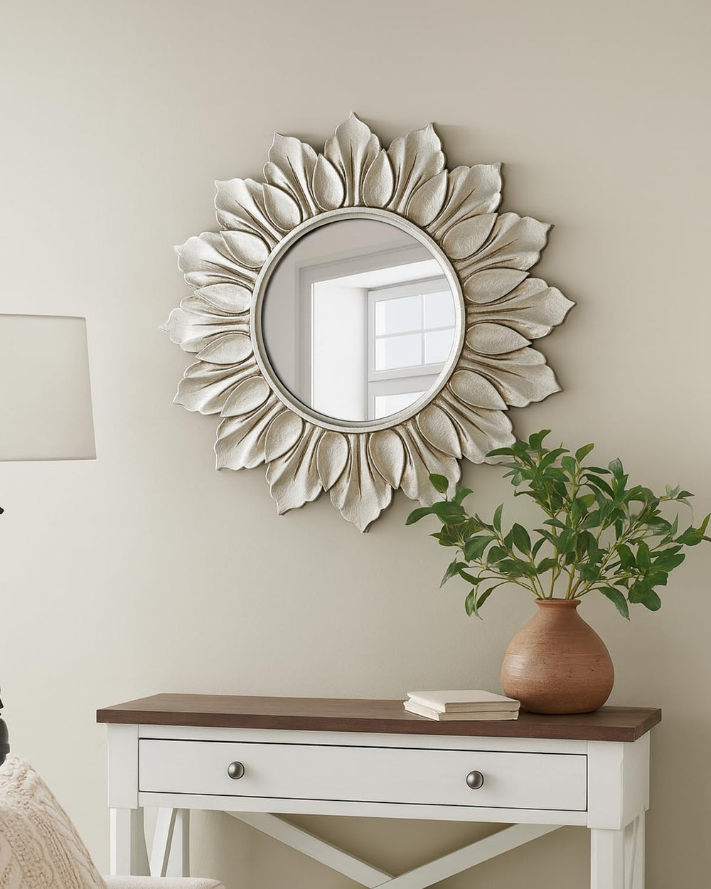 Sunflower Sunburst Wall Mirror, 22" Distressed Silver Wooden Frame