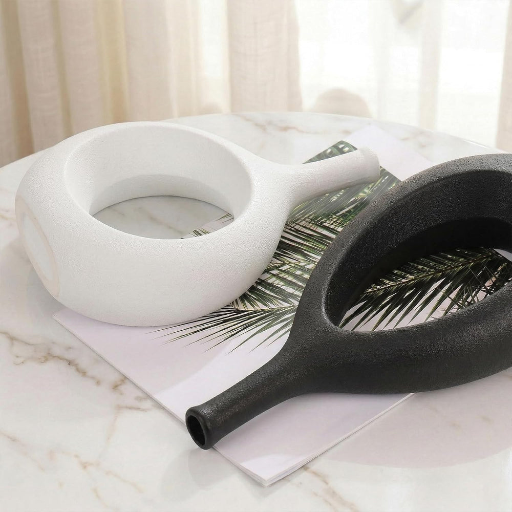 Black and White Ceramic Hollow Elliptical Vase Set of 2 - Boho Circle Vase wi...