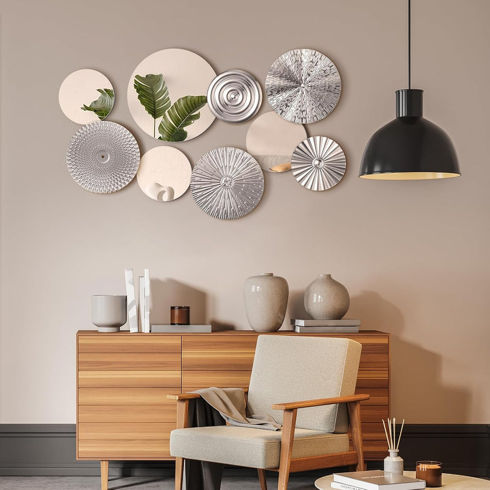 Blulu 9 Pcs Silver Mirror Wall Decor Metal Round