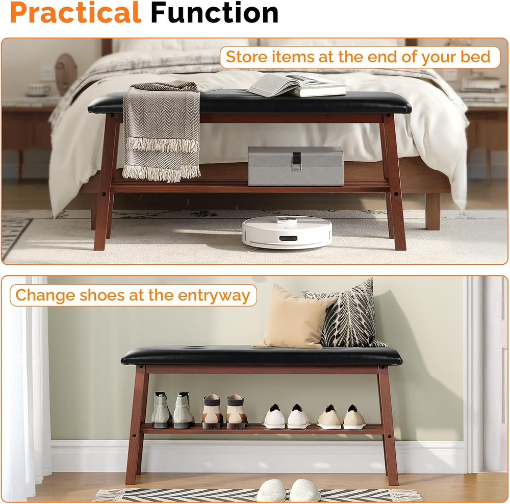 VINGLI Padded Solid Wood Dining Table Bench with Shoe Rack Storage Walnut