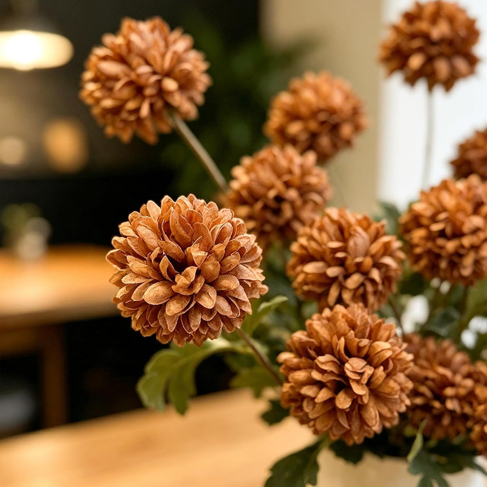 6 Pcs Fake Pompon Mums Artificial Flowers for Vase Filler 27Inch (Caramel)