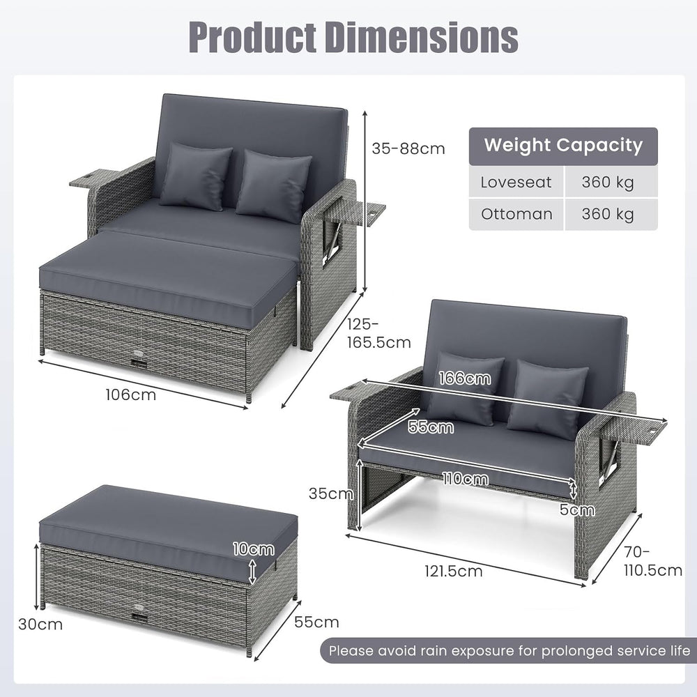 Multigot Double Rattan Daybed, 4-Level Adjustable Wicker Sun Lounger with Sto...