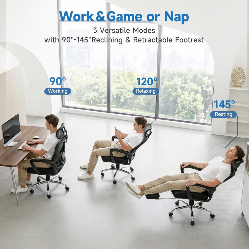 Ergonomic Office Chair with Footrest, 90-145° Reclining Desk Chair with Adjus...