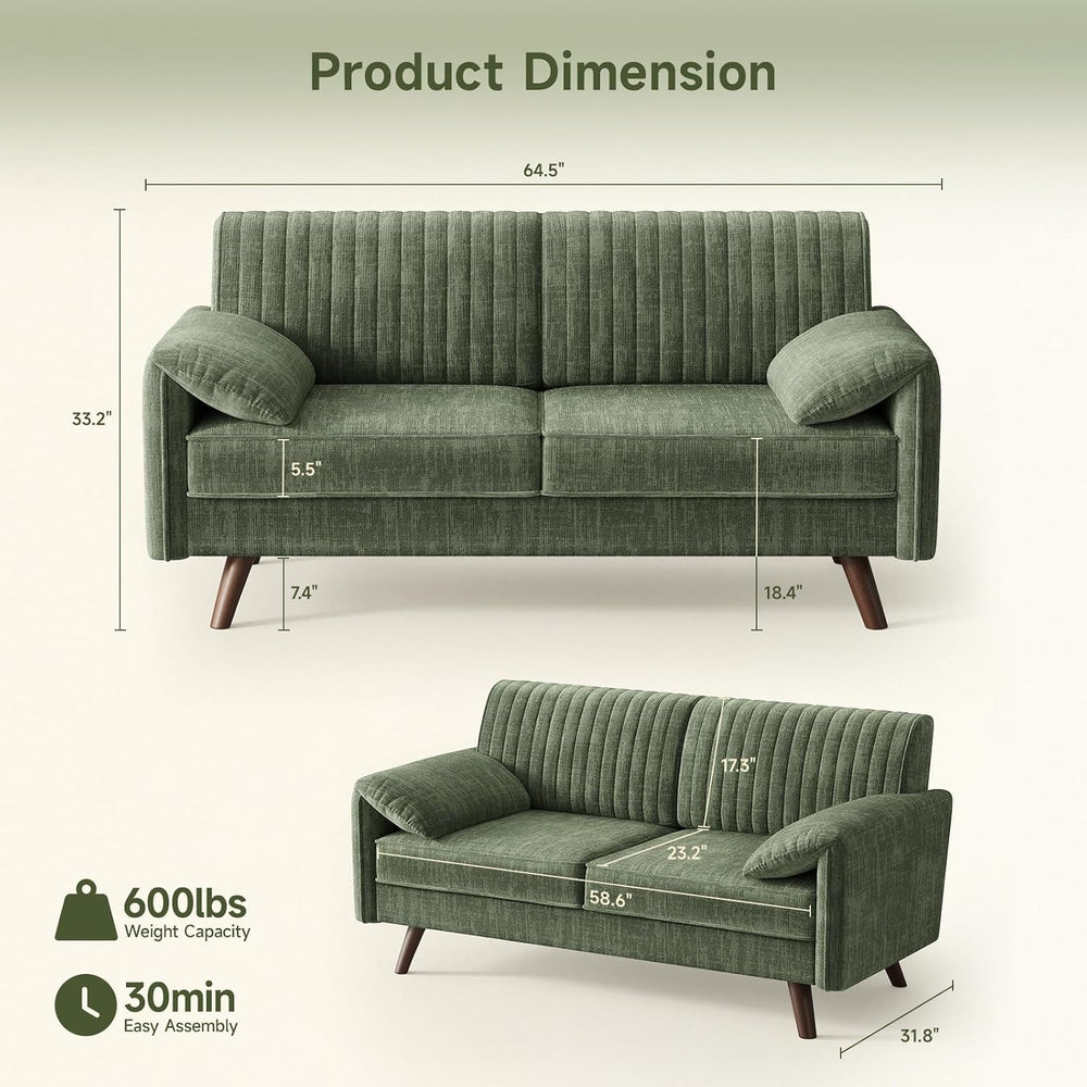 ONBRILL 64.5" Loveseat Sofa, Chenille Loveseat Couch for Living Room, Green