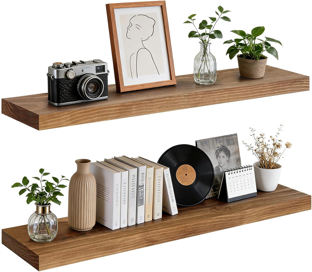 36x6.8x1.7in Solid Wood Floating Wall Shelf Set of 2 Oak Finish