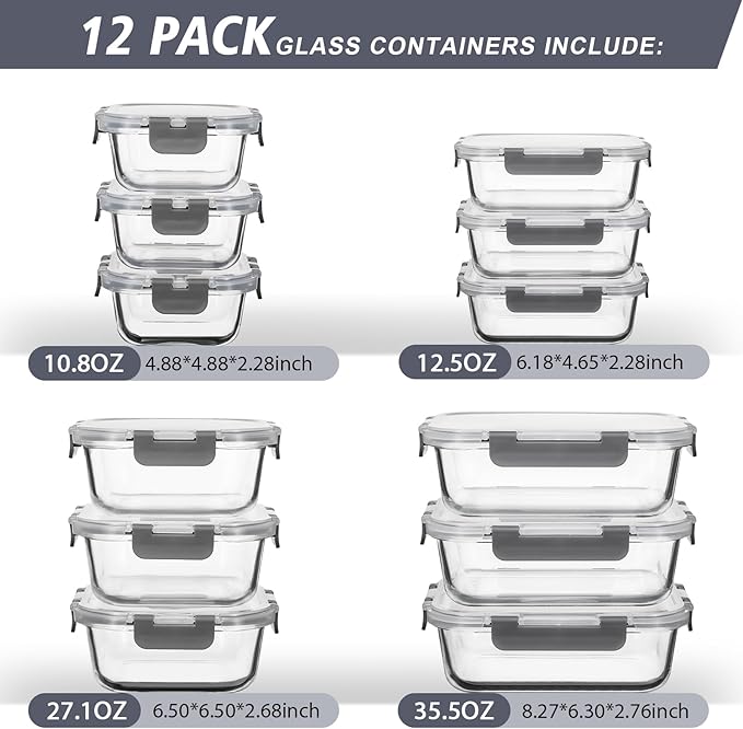 AILTEC 12 Pack Glass Food Storage Containers