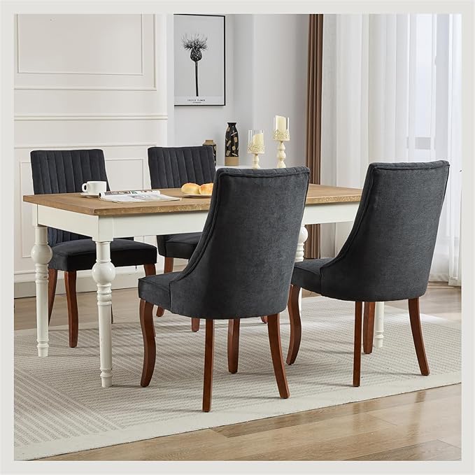 Linen Dining Chairs Set of 4,Fabric Channel Tufted Kitchen Chairs, Upholstere...