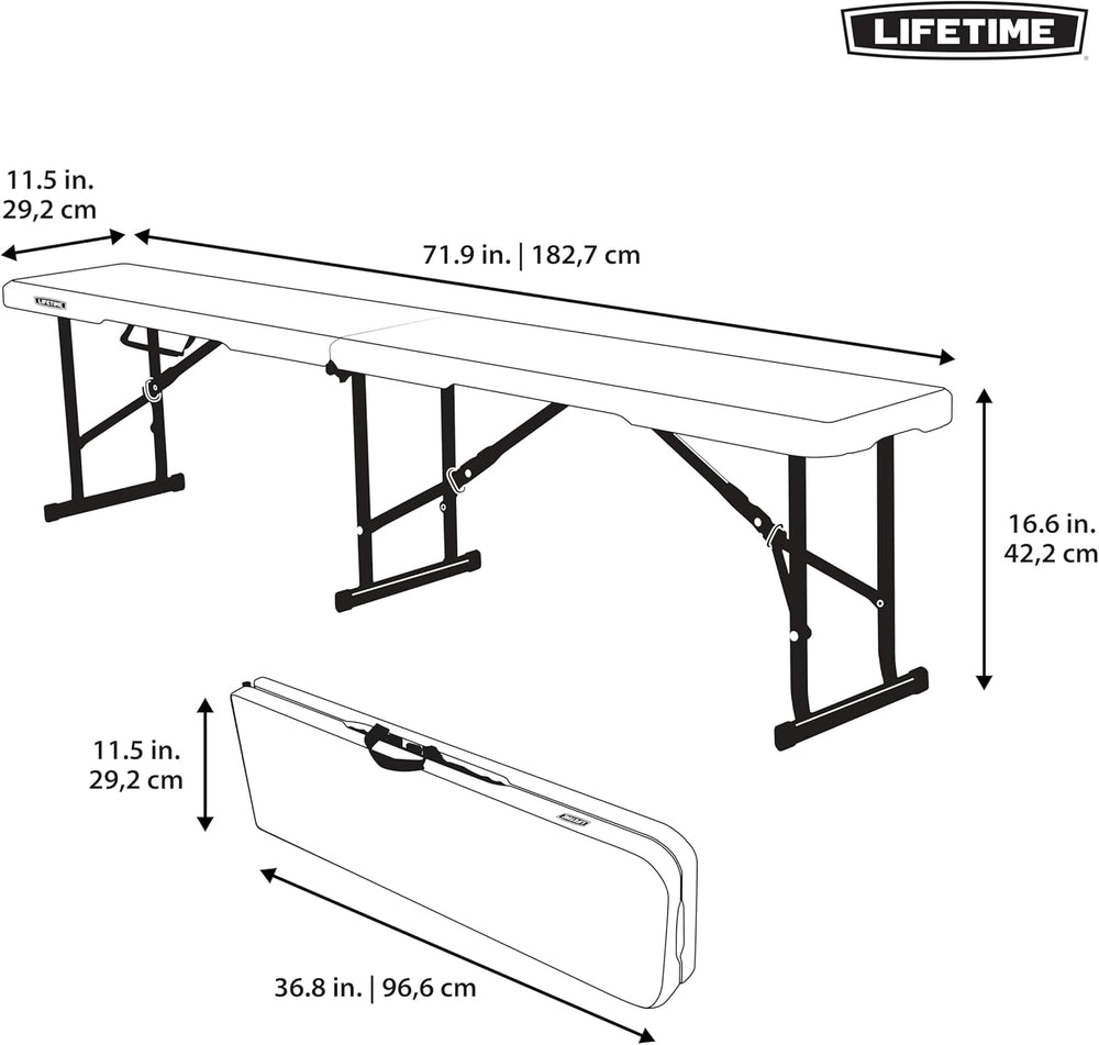 LIFETIME Portable Folding Bench, 6‑Foot Fold‑in‑Half, UV‑Resistant Seat, Powd...