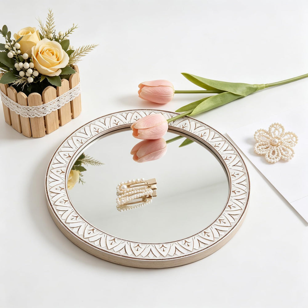 12in Round Mirror Farmhouse Wooden Frame Circle Mirrors, Rustic Decorative Di...