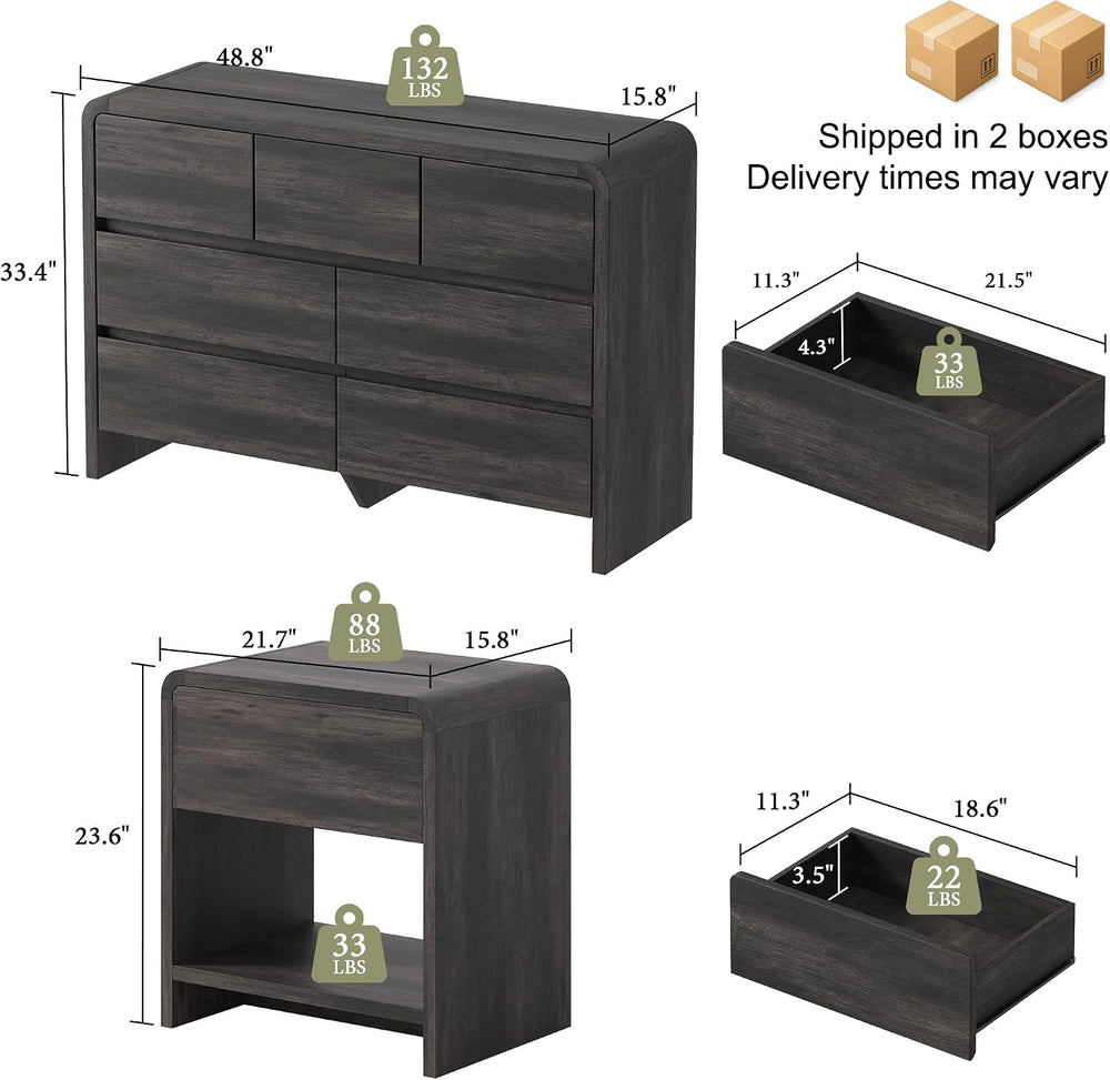 AMERLIFE Modern 3-Piece Bedroom Furniture Set with 7-Drawer Dresser and 2 Nig...