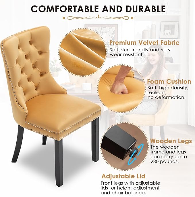 Kiztir Velvet Dining Chairs Set of 2, Upholstered Dining Chairs with Ring Pul...
