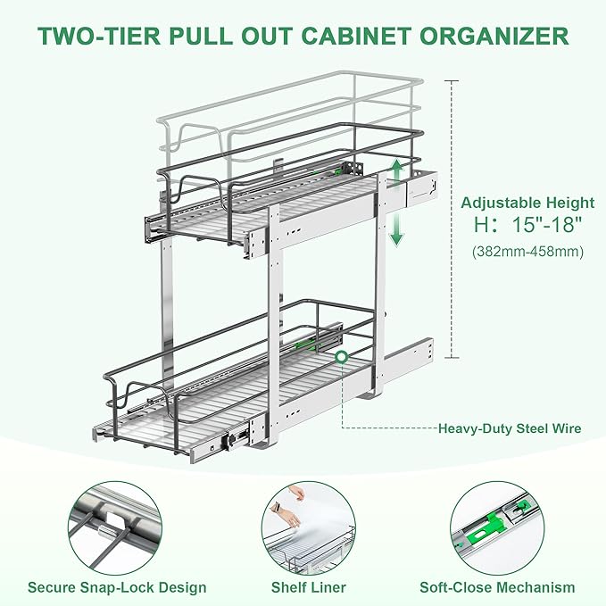 2-Tier Pull Out Cabinet Organizer, Soft Close Cabinet Slide Out Shelves