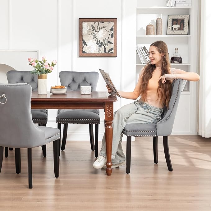 Velvet Dining Chairs Set of 6,Upholstered Dining Chairs with Ring Pull Trim a...