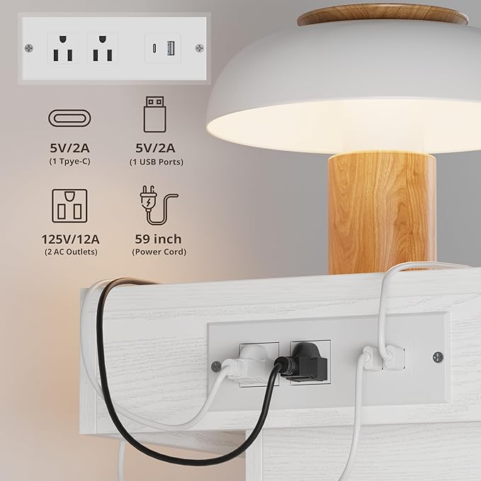 LIKIMIO Night Stand with Charging Station, Modern White Nightstand with LED L...