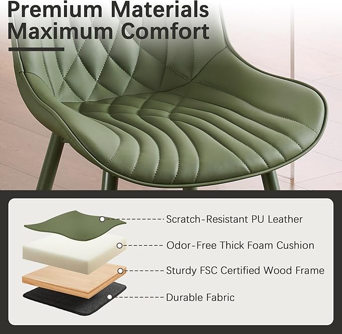 YOUTASTE Upholstered Leather Dining Chairs Set of 2 All Olive Green, Mid Cent...