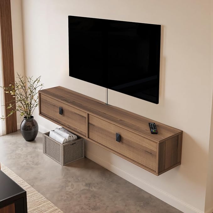 Solid Wood Floating TV Shelf, 55'' Wall Mounted TV Cabinet, Floating ...