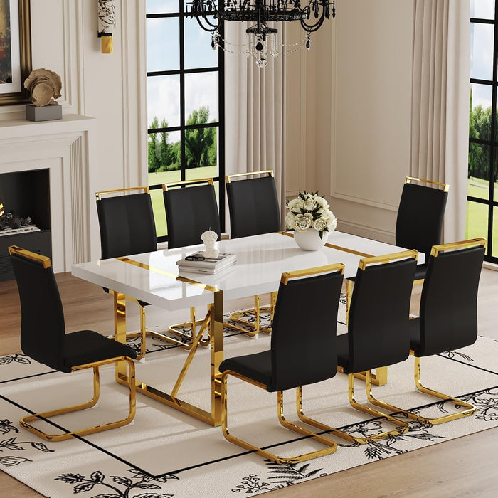 Ebullient Dining Table Set for 8,71'' MDF Kitchen Table and Black Leather Dining Chairs Set of 8, 9 Piece White Dining Room Table Set,Modern Gold Metal Frame Dinner Table Set 8 for Kitchen