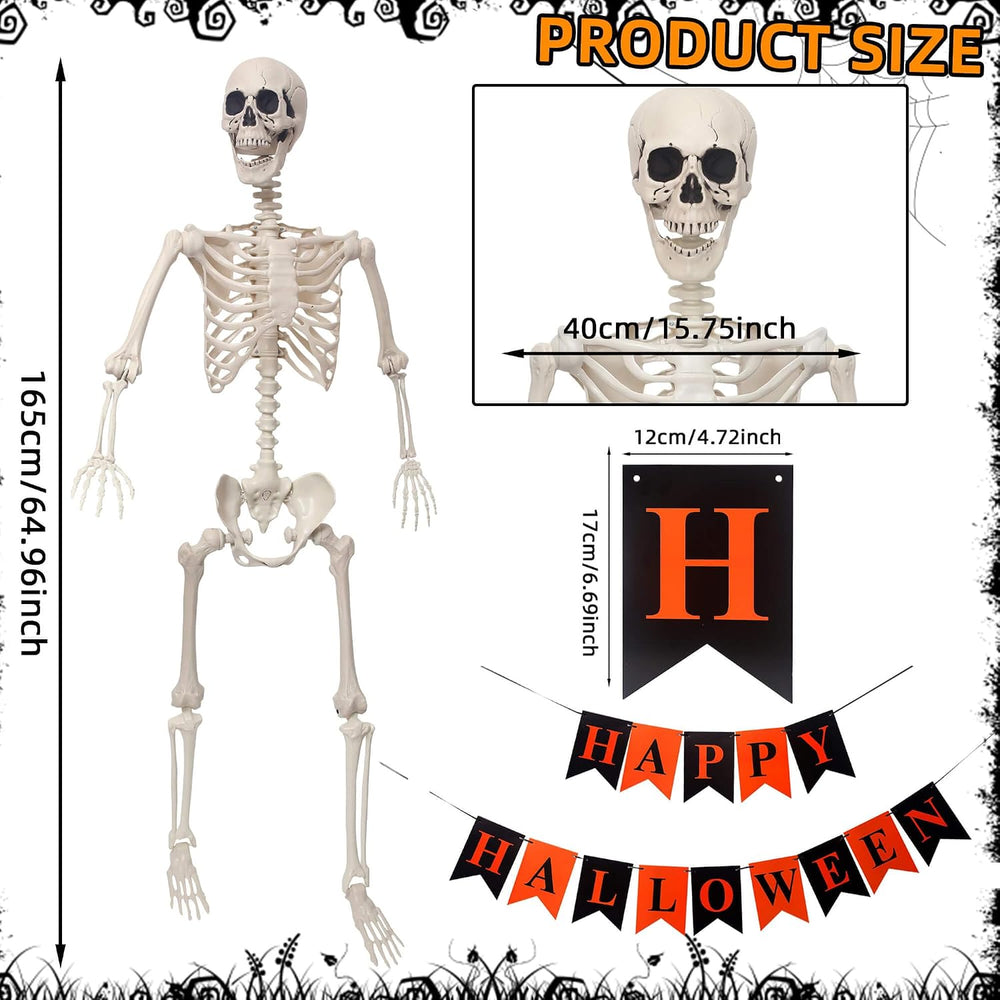 5.4ft Life Size Poseable Halloween Skeleton with Banner