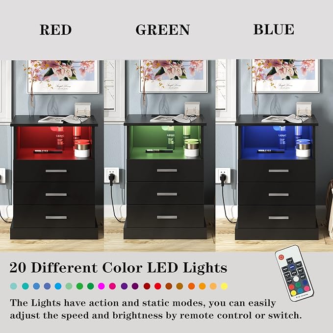 Black LED Nightstand with Charging Station, Side Table with 3 Drawers and Lig...