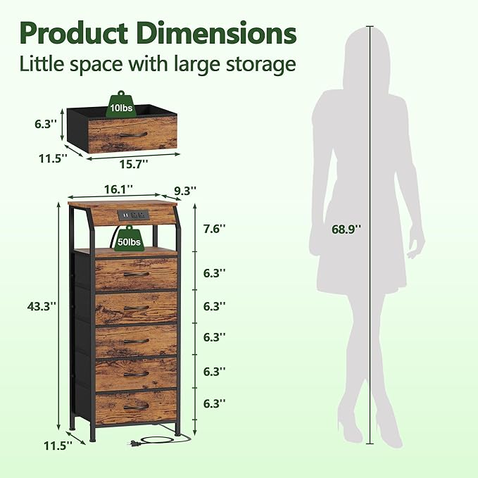 Furnulem 5 Drawers Dresser with Charging Station, Tall Night Stand with Stora...