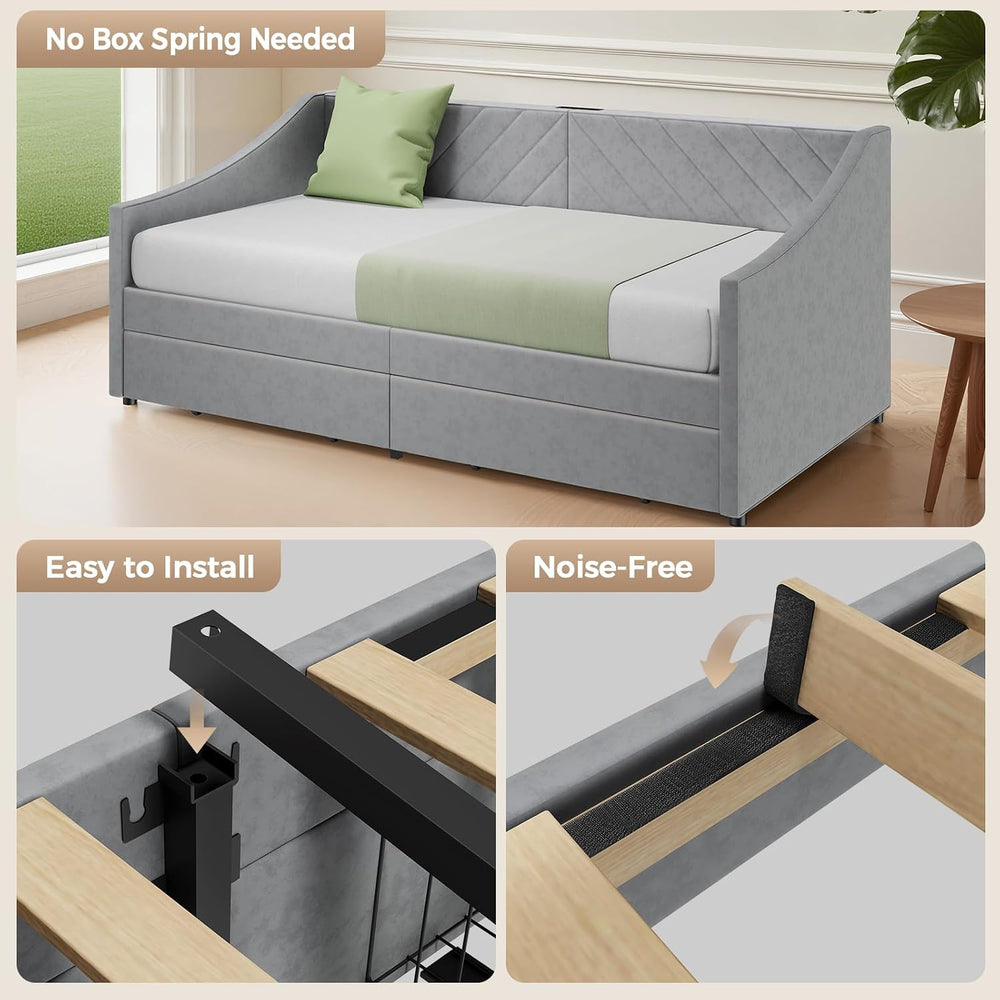 Twin Size Daybed with 2 Storage Drawers, Upholstered Daybed Frame with Chargi...