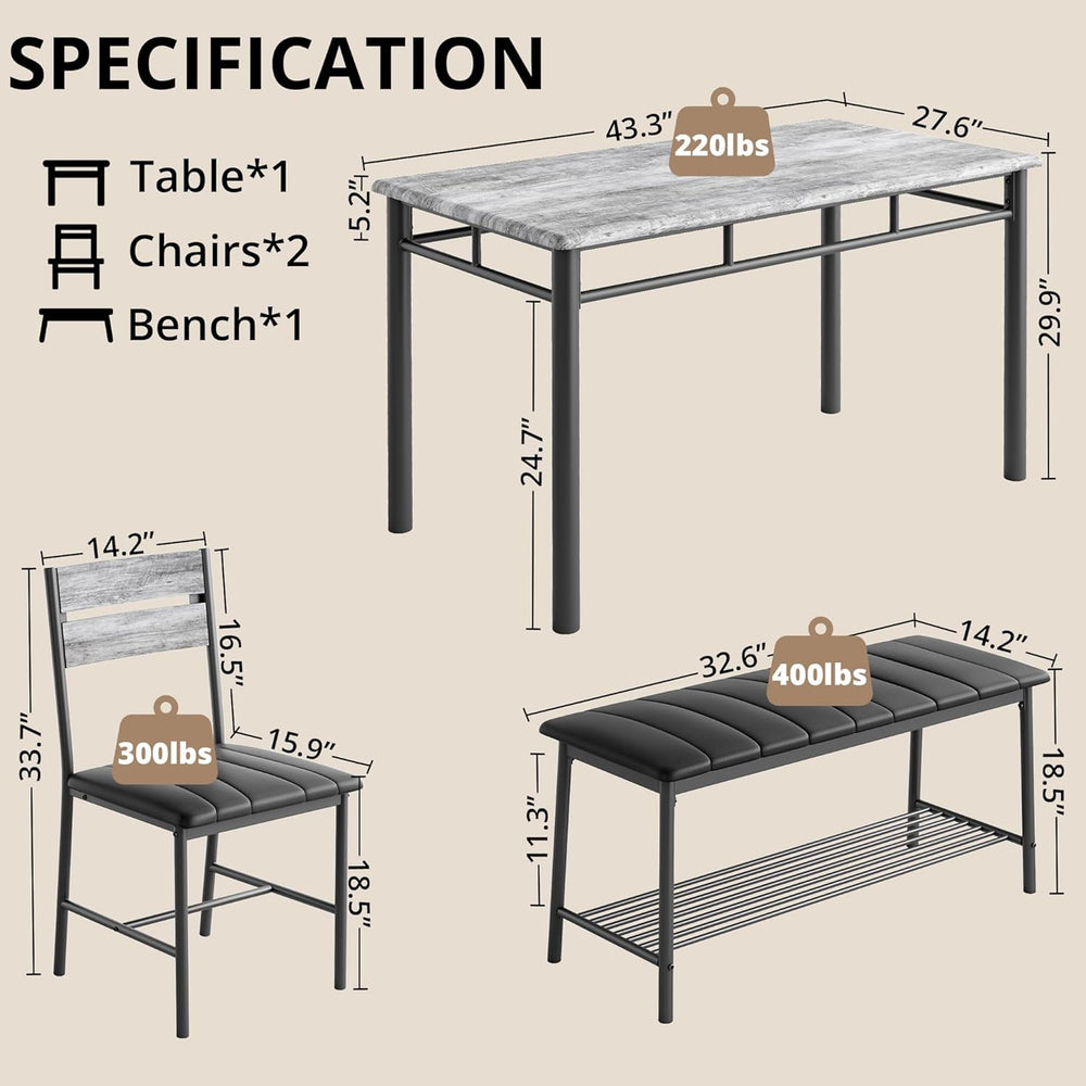 IRONCK Dining Table Set for 4, Kitchen Table with Upholstered Bench and 2 Cha...