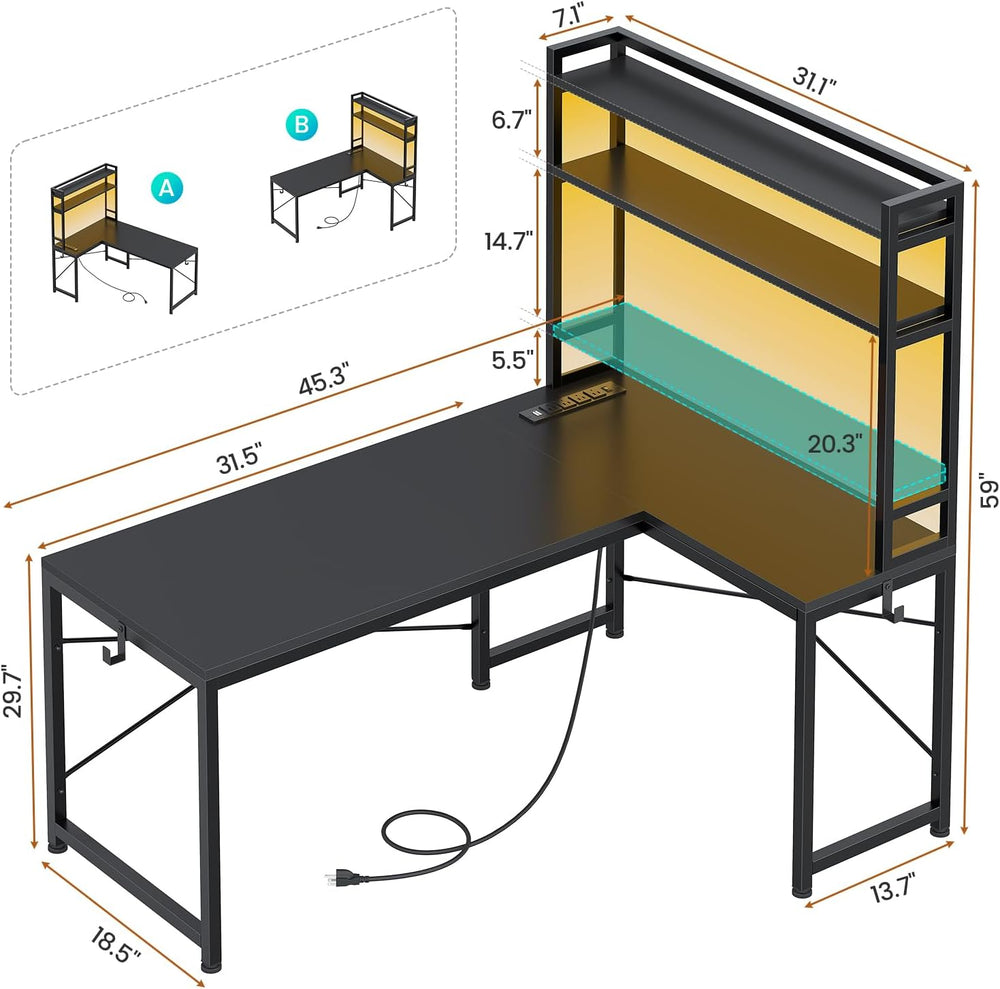 SEDETA L Shaped Gaming Desk, Reversible 45.3” Small Corner Desk with Power Ou...