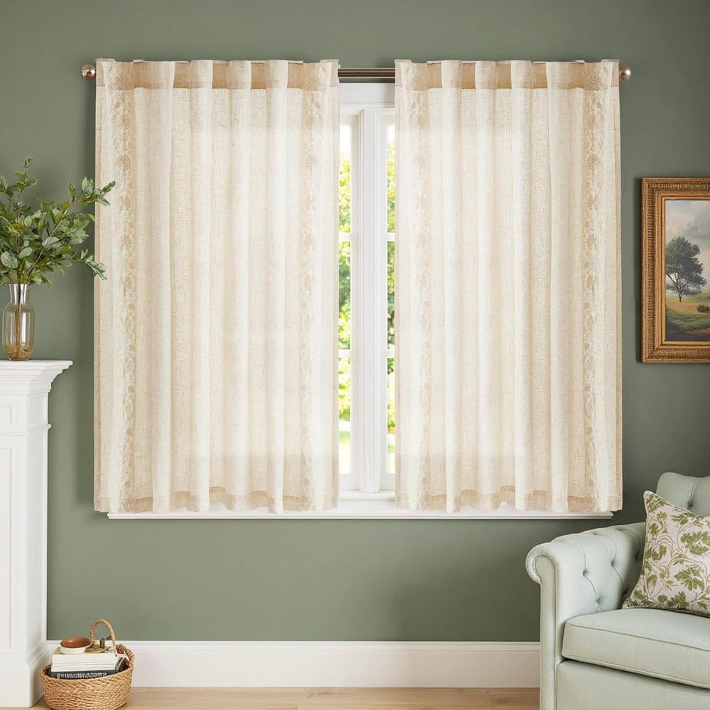 jinchan Ivory Floral Linen Kitchen Tier Curtains Back Tab 54×54 2 Panels