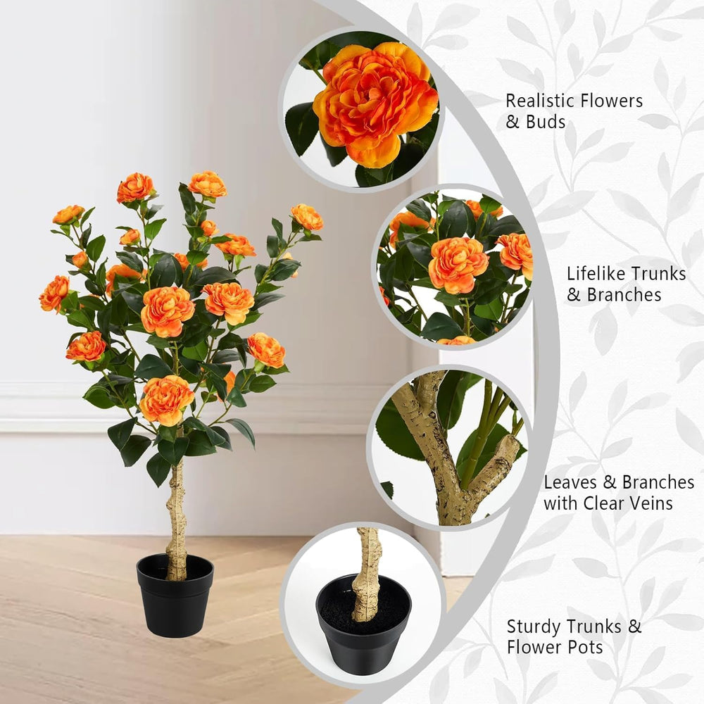 Grelen 2 Pack Artificial Flowers Camellia,Fake Plants for Outdoors,3FT