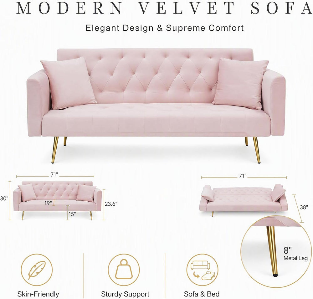 71" Pink Velvet Sofa Bed, Convertible Futon Couch, Adjustable Back